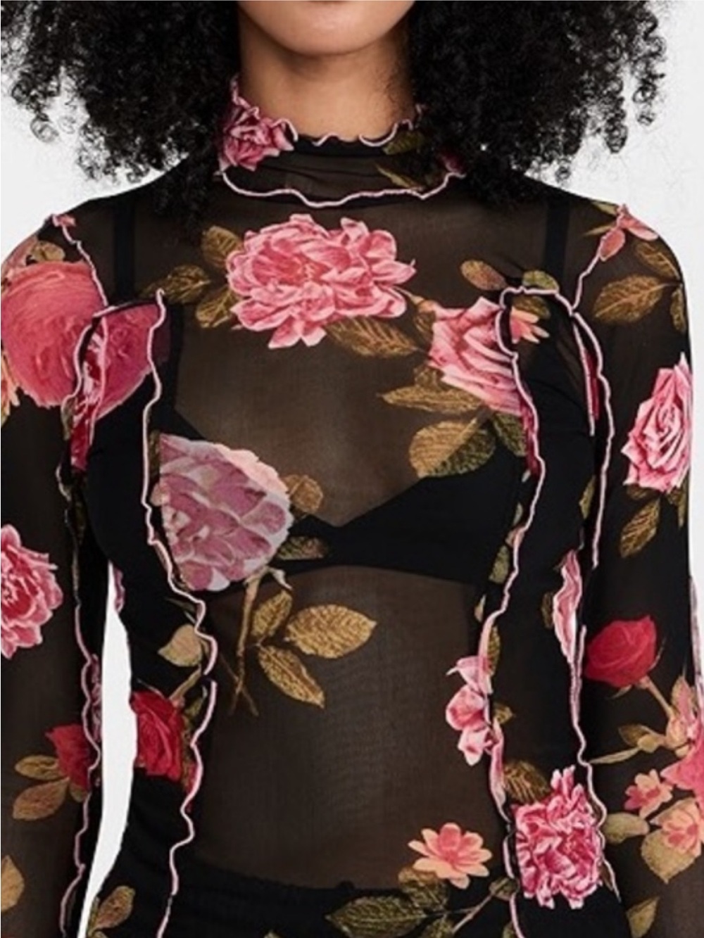 Free People Black Floral Mesh Long-Sleeve Top with Pink Roses